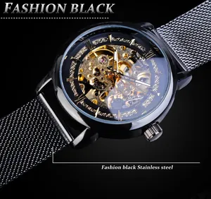 Détail d'une montre mécanique Winner pour homme avec bracelet en maille d'acier noir