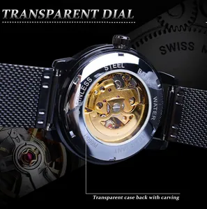 Vue détaillée d'une montre mécanique squelette Winner pour hommes avec fond.