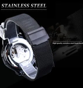 Bracelet de montre en maille d'acier inoxydable noir et mouvement automatique