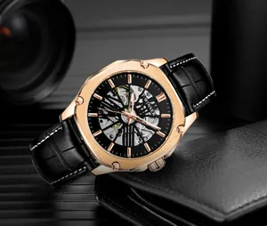 Montre squelette mécanique automatique T-WINNER pour hommes avec bracelet en cuir