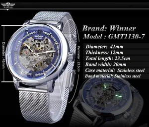 Montre mécanique Winner pour homme avec cadran bleu et bracelet en maille d'acier