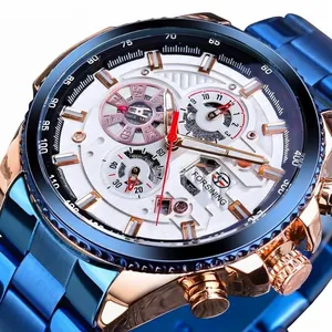 Reloj mecánico automático FORSINING para hombre con correa de acero azul y blanco