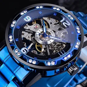Forsining Montre Mécanique Squelette pour Hommes Luxe Lunette en Strass Bracelet en Alliage Mode Affaires Dos de Boîtier Transparent