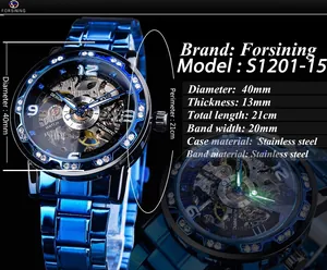 Montre mécanique squelette bleue Forsining avec lunette en strass, détails techniques.