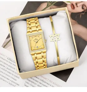 Luxury WWOOR gold square quartz watch set with diamond bezel and star bracelet in gift box