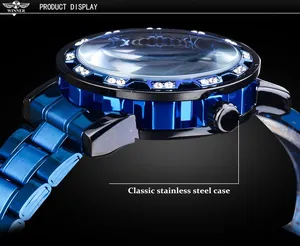 Vue détaillée du boîtier bleu en acier inoxydable de la montre mécanique Forsining avec strass