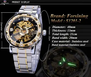 Montre mécanique squelette Forsining pour homme avec aiguilles lumineuses et acier