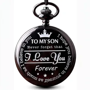 Reloj de bolsillo de cuarzo negro vintage con grabado 'To My Son' y elegante corona