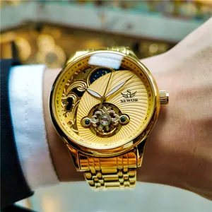 Montre automatique de luxe SEWOR pour hommes avec cadran tourbillon squelette doré