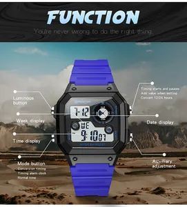 Diagramm der Funktionen der blauen Sanda Digitaluhr mit 50 m Wasserbeständigkeit