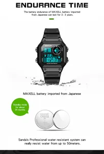SANDA quadratische Digitaluhr mit 50 m Wasserdichtigkeit und langer Batteriedauer