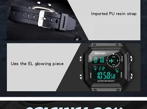 Detailansicht der quadratischen Digital-Sportuhr mit PU-Resin-Armband und EL-Hintergrundbeleuchtung