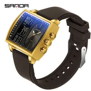 Montre SAMDA multifonction pour homme avec double affichage, boîtier doré et bracelet brun