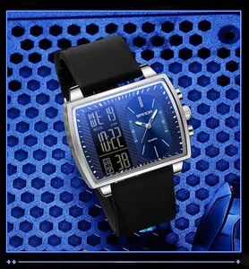 Montre SANDA pour homme multifonction à double affichage avec boîtier carré bleu