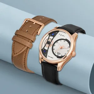 Vue détaillée de la montre homme TOMI avec bracelets en cuir noir et marron