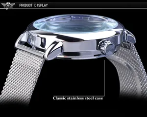 Gros plan d'une montre mécanique Winner pour homme avec boîtier en acier et bracelet en maille