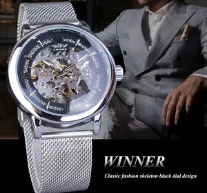 Montre mécanique squelette argentée professionnelle avec cadran noir et bracelet en maille
