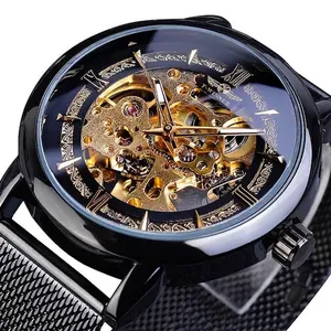 Montre mécanique squelette Winner pour homme avec bracelet en maille noire et mouvement doré