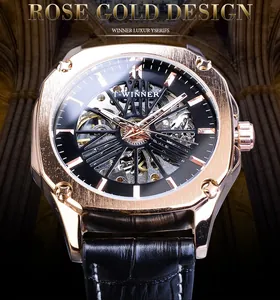 Montre mécanique squelette T-WINNER or rose de luxe avec bracelet en cuir noir
