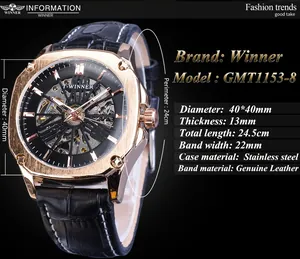 Détail de la montre automatique T-WINNER squelette avec boîtier or rose et cuir noir.