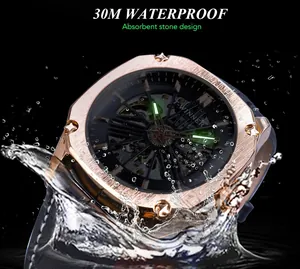 Vue détaillée de la montre mécanique squelette T-WINNER avec étanchéité 30M et éclaboussures