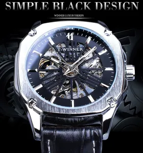 Gros plan de la montre automatique T-WINNER pour hommes avec bracelet en cuir