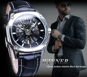 Détail de la montre automatique squelette T-WINNER pour hommes avec bracelet en cuir noir