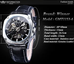 Vue détaillée de la montre squelette automatique pour hommes T-WINNER avec spécifications