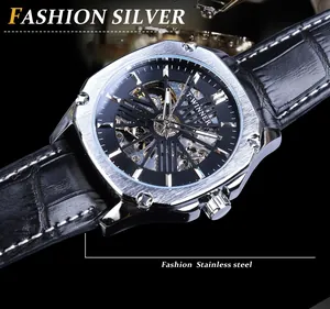 Gros plan sur la montre mécanique automatique T-WINNER pour homme avec bracelet cuir noir