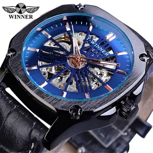Montre automatique squelette T-WINNER pour hommes avec cadran bleu et bracelet cuir