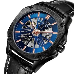 Montre mécanique squelette automatique T-WINNER pour hommes avec bracelet en cuir