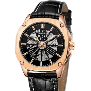 Montre automatique T-WINNER pour hommes avec cadran squelette noir et cuir