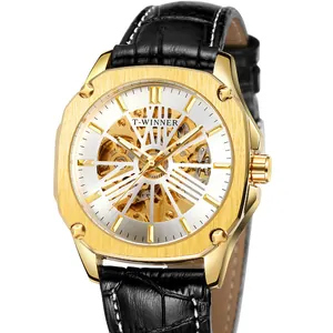 Montre automatique T-WINNER pour hommes avec cadran squelette doré et bracelet en cuir noir