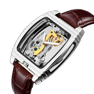 Gros plan détaillé de la montre automatique squelette Shenhua avec bracelet en cuir brun