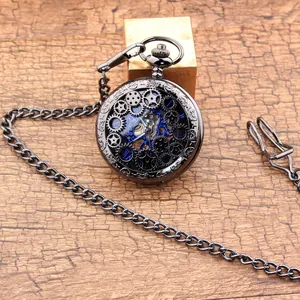 Vintage μηχανικό ρολόι τσέπης σε gunmetal μαύρο με διάτρητο ανοιγόμενο καπάκι.