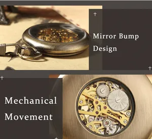 Vue rapprochée du mouvement mécanique et du design Mirror Bump d'une montre de poche en laiton