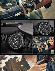 Collage d'une montre chronographe en acier noir pour homme dans des scènes de vie active