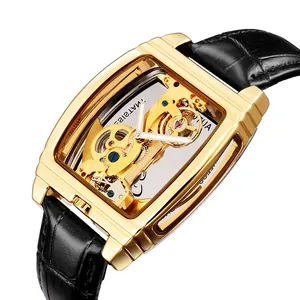 Vue détaillée de la montre mécanique automatique squelette Shenhua pour homme en or.