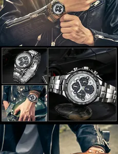Vue détaillée de la montre chronographe de sport en acier inoxydable pour hommes WWOOR