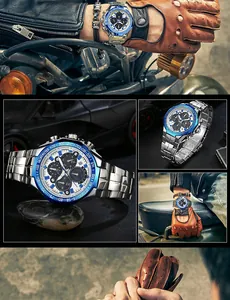 Détail de la montre de sport WWOOR 8868 pour homme avec lunette bleue et bracelet.