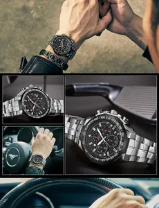 Vues détaillées et lifestyle d'une montre de sport pour homme avec bracelet en acier