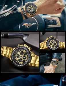 Détail du cadran noir de la montre de sport à quartz WWOOR en acier doré pour hommes