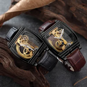 Gros plan sur les montres mécaniques automatiques Shenhua avec cadran squelette et cuir