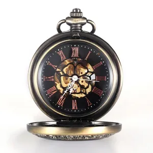 Montre à gousset mécanique squelette vintage avec clapet en bronze et chiffres romains