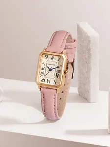 Detail shot of the LUCKYFOX vintage rectangular ladies quartz watch with pink leather strap