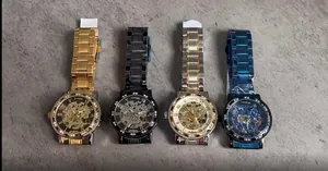 Detailed view of Winner skeleton mechanical watches featuring rhinestone bezels in four colors