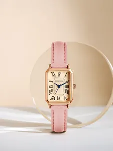 Elegant rectangular women's watch with pink leather strap and rose gold case