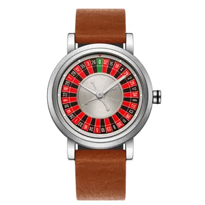 Vue détaillée d'une montre à quartz avec un cadran de roulette unique et un bracelet brun
