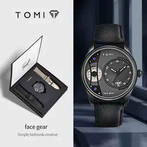 Coffret cadeau montre TOMI pour homme avec bracelet en cuir noir et bracelet de rechange.