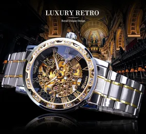 Detailed view of Winner men's mechanical watch with skeleton dial and rhinestones